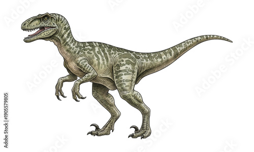 Green and beige striped dinosaur raptor standing with open mouth and fierce expression in detailed illustration side view