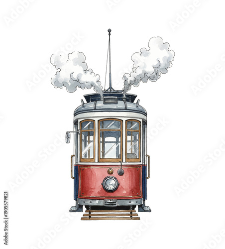 Classic Red and Blue Streetcar Front View Public Transport Watercolor Illustration with Smoke