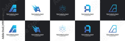 Set of modern initial letter A tech logo. Abstract  icon for technology, internet, digital.