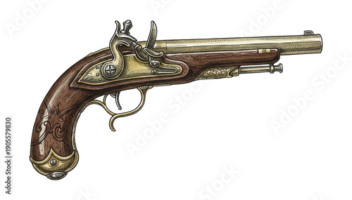 Vintage Flintlock Pistol with Detailed Wood and Ornate Brass Metal Parts in Historical Style