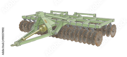 Green agricultural disc harrow farm implement with many rusty metal blades detailed illustration