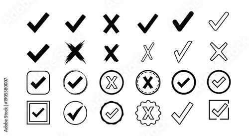 Collection of various check marks and crosses in black and white, suitable for design and documentation