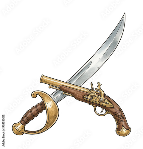 Detailed Vector Illustration of a Classic Pirate Sabre Sword and Flintlock Pistol Crossed on Black Background