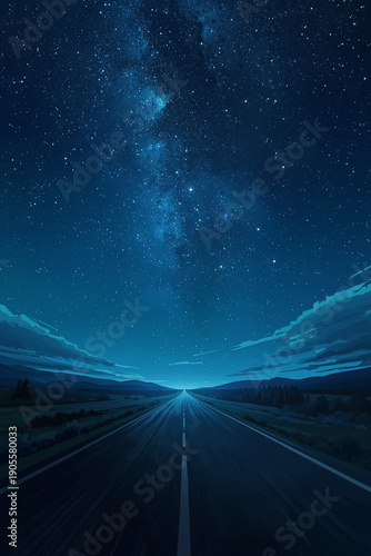 A cinematic anime landscape portraying a quiet road stretching into the distance beneath a luminous sky at night. The surrounding environment is calm and empty, allowing the star-filled
