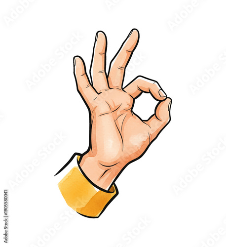 A light skin hand making an okay gesture showing approval and positive agreement with a yellow sleeve detailed illustration