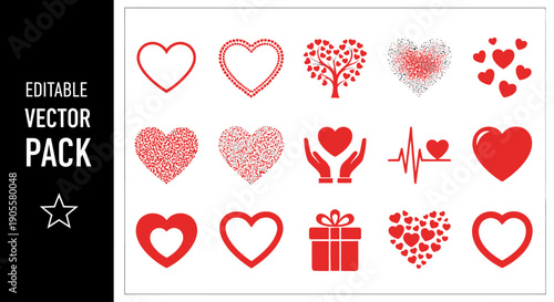 Versatile Collection of Red Heart Vector Icons and Shapes, Perfect for Love, Romance, Health, and Celebration Designs, Editable Graphic Elements Pack