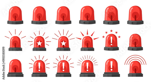 A comprehensive collection of red flashing emergency warning lights and alarm sirens, symbolizing alerts and danger signals