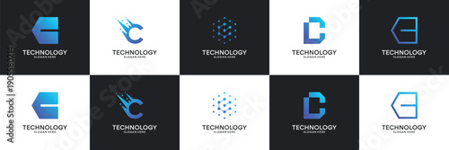 Set of modern initial letter C tech logo. Abstract  icon for technology, internet, digital.