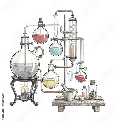 Detailed vintage alchemy chemistry distillation apparatus with colorful liquids and heating flame illustration