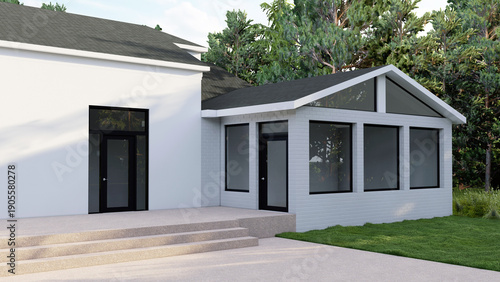 Foto Modern Residential House Exterior with White Brick Sunroom Extension and Patio,