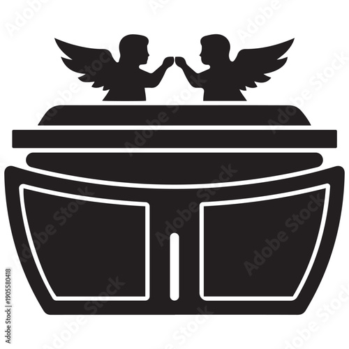 Stylized black and white icon of a futuristic transportation pod or futuristic vehicle with angelic figures on top.