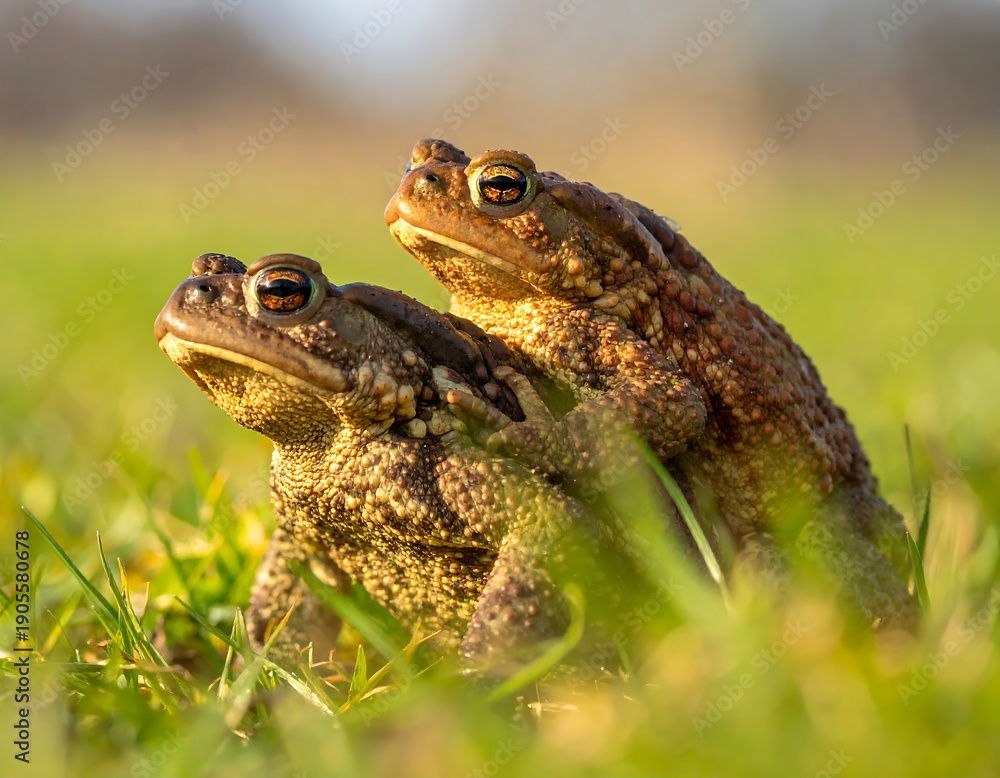Obraz premium Two brown toads sit on each other in green grass on a sunny day. Close-up focus