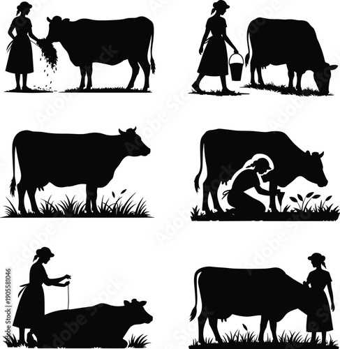 WRural woman cow farming silhouette, traditional dairy agriculture scenes, village livestock care, milk production, countryside black vector illustration design concepteb