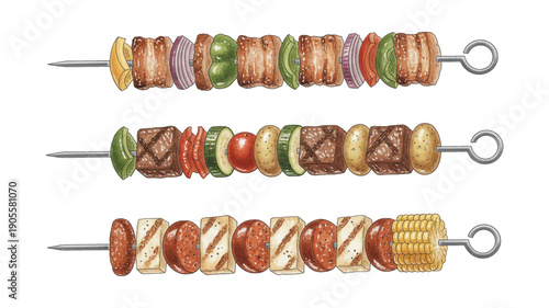 Three vibrant assorted food skewers with grilled chicken beef sausage vegetables cheese and corn delicious meal