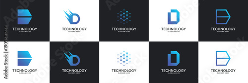 Set of modern initial letter D tech logo. Abstract  icon for technology, internet, digital.