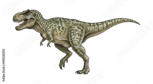 Powerful Tyrannosaurus Rex dinosaur standing with open mouth and sharp teeth in a detailed illustration