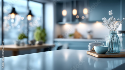 Coastal-themed kitchen design soft blue and white tones, modern interior bright environment, aesthetic view harmonious concept for home, beach house culinary space, defocused background, with