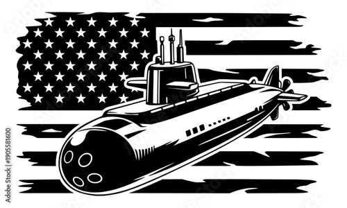 United States Navy Submarine With American Flag Silhouette Illustration In Black And White Patriotic Military Vector Design For T Shirts Stickers Posters And Decals