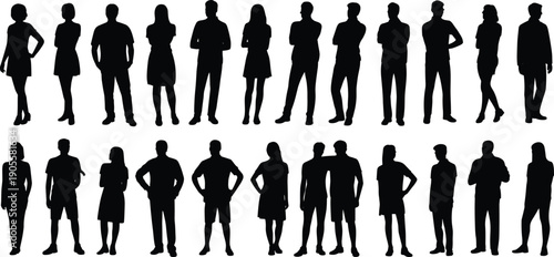 Group of people silhouette collection standing in different poses, diverse men and women characters isolated on white background illustration set