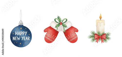 Happy New Year Ornament Red Mittens and Burning Candle with Pine Branches Watercolor Illustration