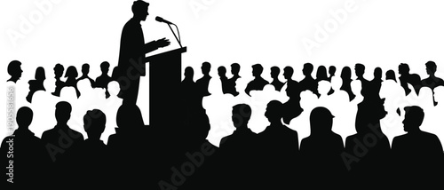 Public speaker silhouette addressing large audience from podium, leadership, presentation, conference, and communication concept isolated on white background illustration