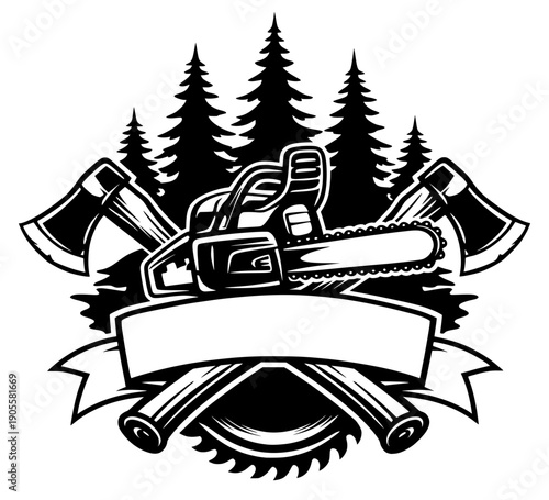 Lumberjack Logo With Chainsaw Axes And Pine Trees Silhouette Emblem In Black And White Vintage Woodcutter Vector Design For T Shirts Stickers Logos And Branding
