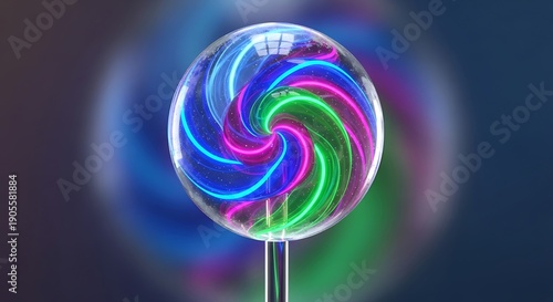Vibrant Swirling Neon Lights Inside a Clear Sphere on a Stick.