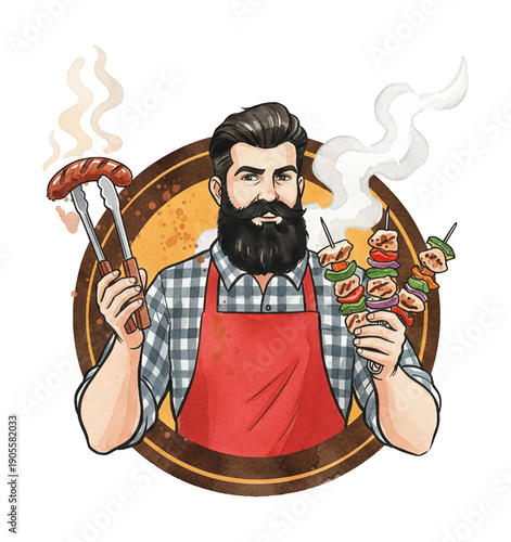 Smiling bearded man in apron cooking barbecue holding sausage with tongs and tasty meat kebabs with smoke