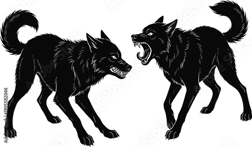 Aggressive Wolf Silhouette Vector Design Featuring Two Snarling Alpha Wolves in Fighting Pose Ideal for Predator Branding Wild Forest Wildlife Logos and Animal Power Graphics