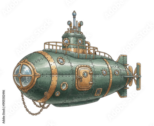 A detailed vintage steampunk submarine illustration with green and golden accents a classic underwater vessel design