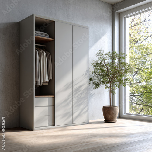 Modern wooden wardrobe with hanging clothes and indoor plant by large window