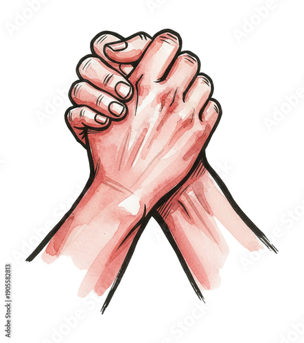 Two human hands clasped firmly symbolizing strength unity and agreement in a detailed watercolor artwork