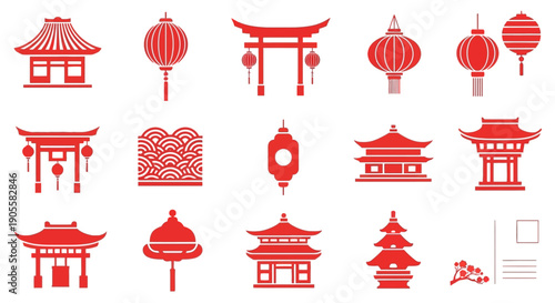 Collection of Red Chinese Lanterns and Architectural Elements Vector Icons