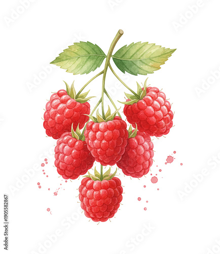 A vibrant watercolor illustration of a cluster of fresh red raspberries with green leaves and subtle splatters