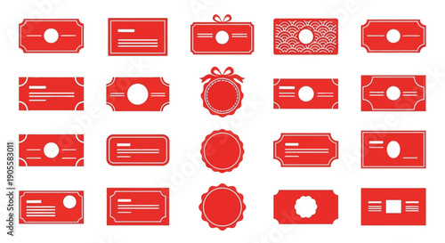 Red horizontal and circular graphic design elements and shapes for certificates, badges, and frames with intricate patterns and scalloped edges, perfect for awards and official documents
