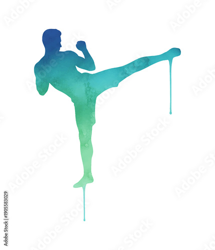 Man performing a powerful martial arts high kick silhouette with blue green watercolor paint drip effect