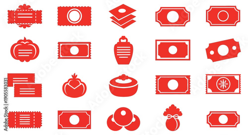 A collection of red icons depicting currency and tickets, representing financial transactions, lotteries, and monetary exchange with a bold, graphic style perfect for finance or business themes