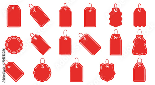 Collection of various red sale tags and labels in different shapes and styles for shopping and marketing purposes on a white background