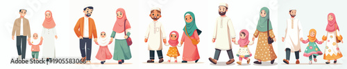 vector of Muslim family walking together happily while fasting during Ramadan front view