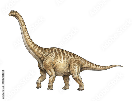 Large Brachiosaurus Dinosaur Walking with Long Neck and Spotted Pattern in Detailed Watercolor Illustration Side View