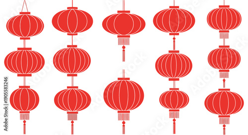 A festive collection of traditional Chinese red paper lanterns hanging in rows, symbolizing good luck and celebration for cultural events and holidays