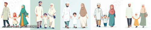 vector of Muslim family walking together happily while fasting during Ramadan front view