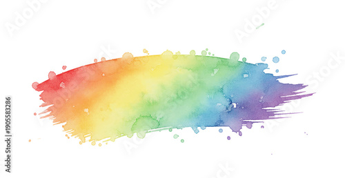 Vibrant Rainbow Watercolor Paint Stroke with Splashes on Black Background Abstract Artistic Graphic Element