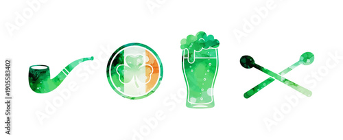 St Patricks Day celebration icons set including a pipe Irish flag shamrock green beer and musical sticks