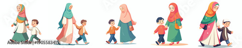 vector of Muslim mother and her boy walking together happily side view