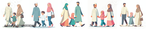 vector of Muslim family walking together happily while fasting during Ramadan side view