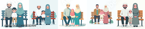 Muslim family vector sitting happily together on a park bench
