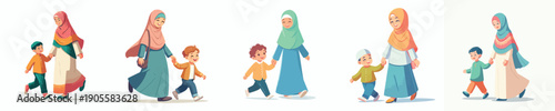vector of Muslim mother and her boy walking together happily side view