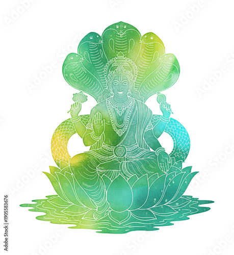 Smiling Hindu deity with multiple arms protected by a multi headed serpent meditating on a lotus flower spiritual peaceful watercolor illustration