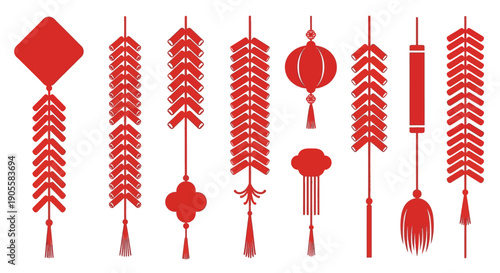 Set of red Chinese New Year decorations, including firecrackers, lanterns, and diamond-shaped ornaments, symbolizing good luck and festive celebrations in Asia